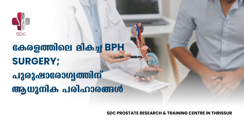 Doctor explaining Benign Prostatic Hyperplasia (BPH) treatment options using a model at SDC Prostate Research and Training Centre in Thrissur. Text reads 'Top BPH Surgery in Kerala; Advanced Solutions for Prostate Health.