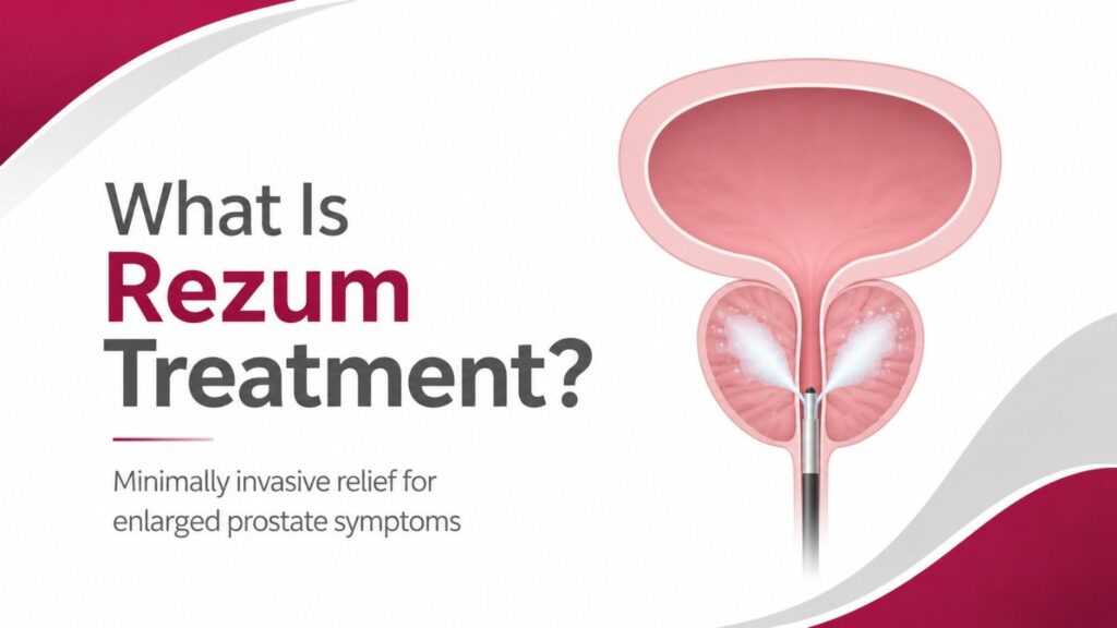 What is Rezum treatment illustration showing water-vapour therapy applied to enlarged prostate tissue