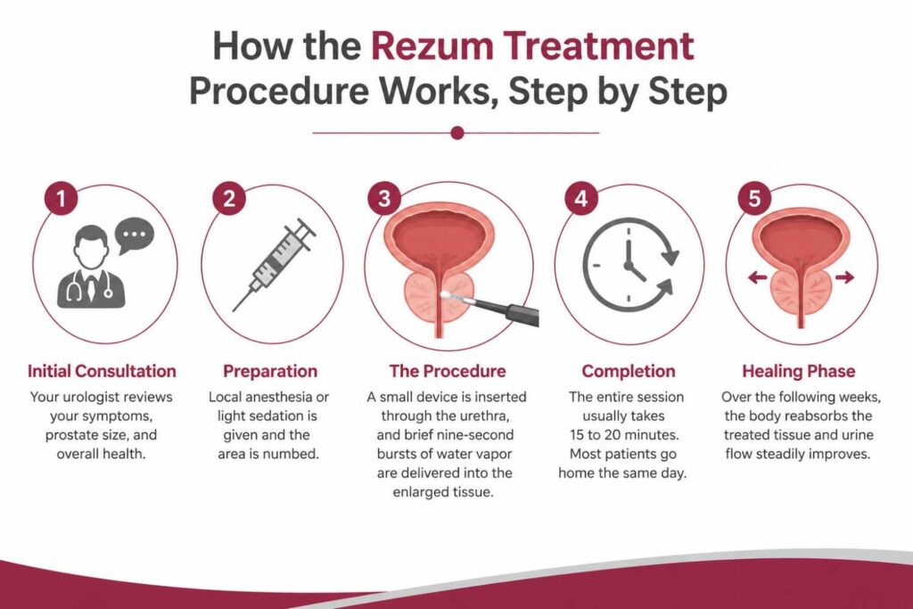 Step-by-step Rezum treatment procedure showing consultation, preparation, water-vapour therapy, completion and healing