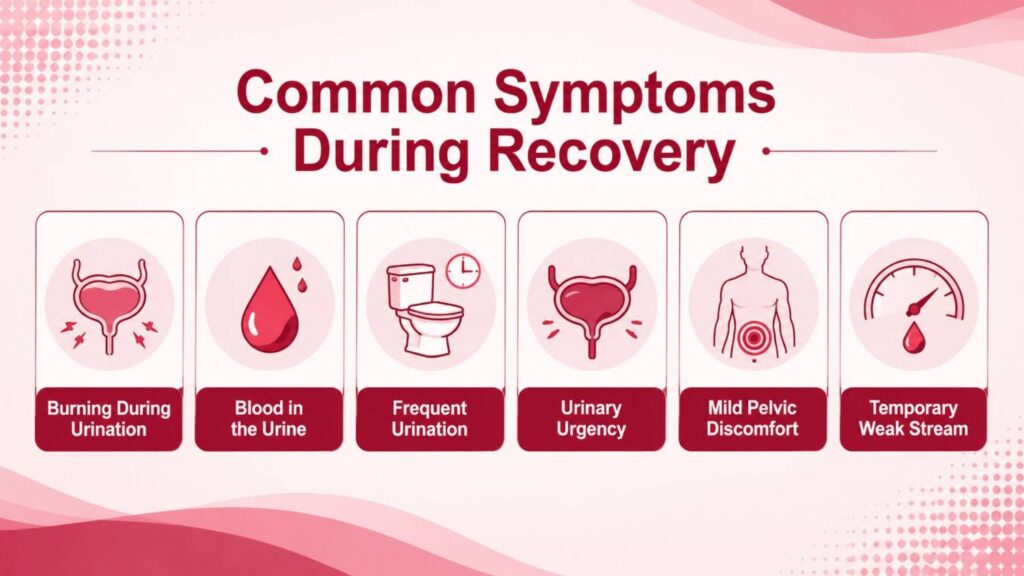 Infographic showing common symptoms during recovery after Rezum treatment, including burning during urination, blood in the urine, frequent urination, urinary urgency, mild pelvic discomfort, and a temporary weak urine stream.