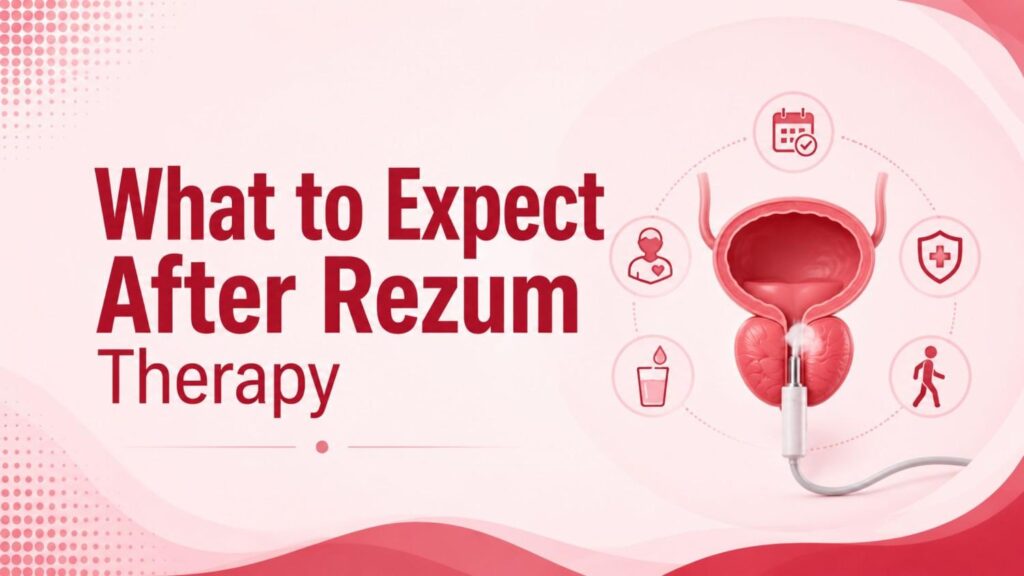 Feature image illustrating What to Expect After Rezum Therapy, showing water vapor treatment for an enlarged prostate with recovery and post-treatment care icons representing healing and improved urinary health.