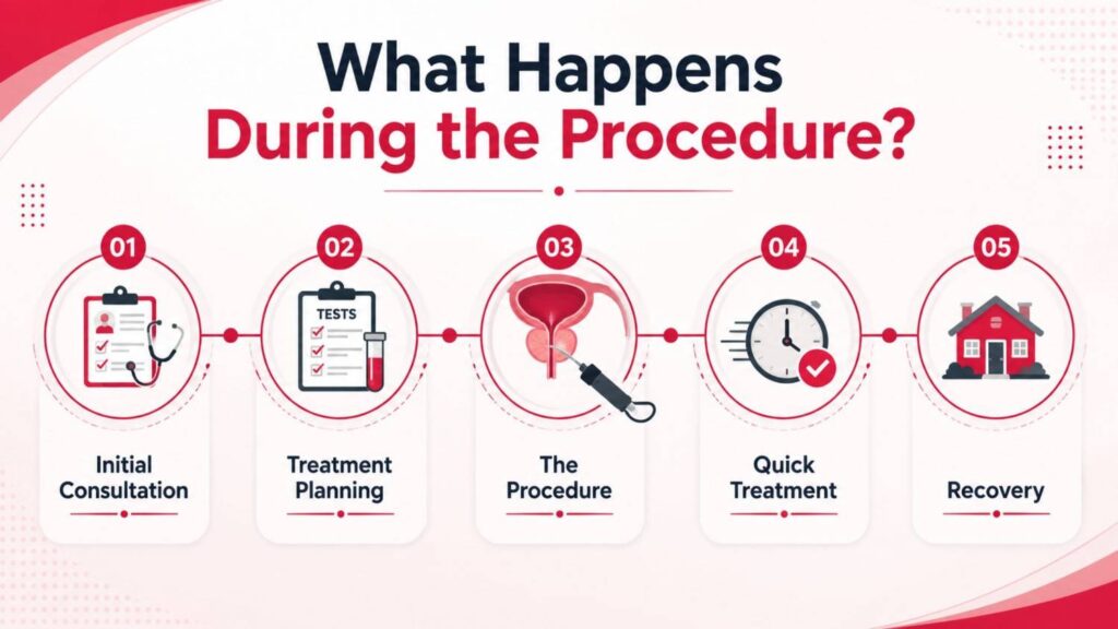How Does Rezum Water Vapor Therapy Work? Step-by-step infographic showing the Rezum procedure from initial consultation and treatment planning to water vapor therapy and recovery.