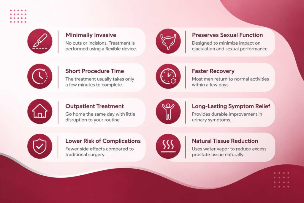 Infographic highlighting the key benefits of Rezum treatment for benign prostatic hyperplasia (BPH), including faster recovery and minimally invasive care.
