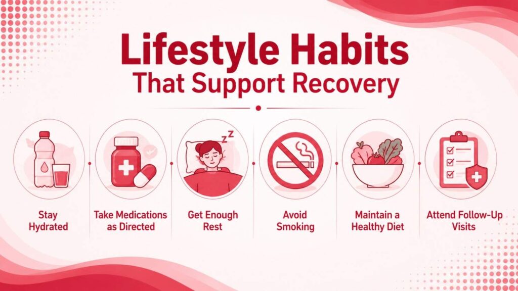 Infographic showing lifestyle habits that support recovery after Rezum therapy, including staying hydrated, taking medications as directed, getting enough rest, avoiding smoking, maintaining a healthy diet, and attending follow-up visits.