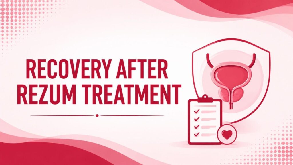 Feature image illustrating Recovery After Rezum Treatment, showing prostate healing after water vapor therapy with a medical recovery checklist and wellness icons for Benign Prostatic Hyperplasia (BPH).