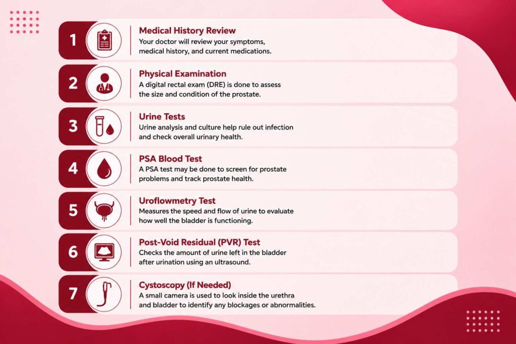 Tests before considering Rezum treatment including urine tests, PSA blood test, uroflowmetry, PVR test and cystoscopy