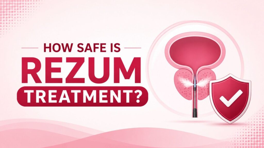 Feature image illustrating how safe Rezum treatment is for Benign Prostatic Hyperplasia (BPH), showing water vapor therapy, prostate anatomy, and a protective shield representing a safe, minimally invasive procedure.