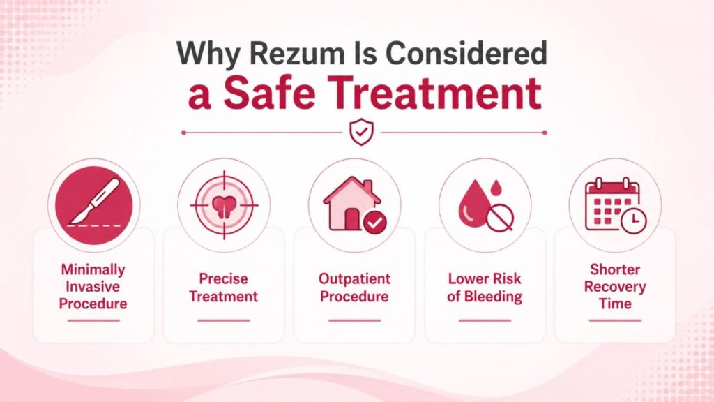 Infographic showing why Rezum is considered a safe treatment, highlighting its minimally invasive procedure, precise treatment, outpatient care, lower risk of bleeding, and shorter recovery time.