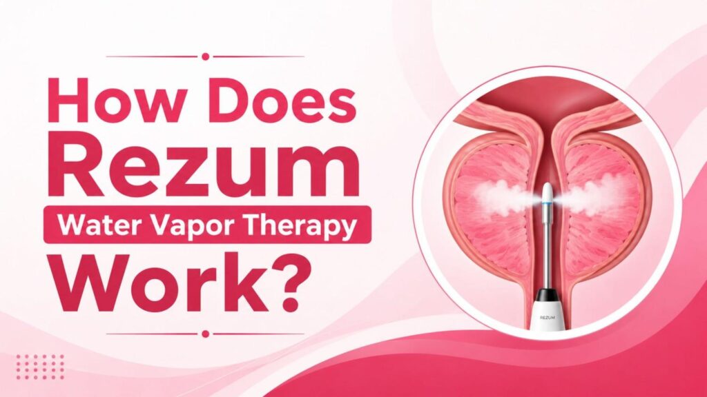 How Does Rezum Water Vapor Therapy Work? Illustration showing water vapor therapy treating an enlarged prostate to improve urinary flow and relieve BPH symptoms.