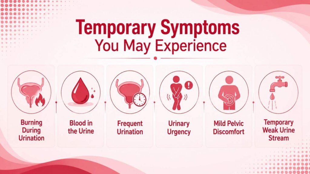 Infographic illustrating temporary symptoms you may experience after Rezum therapy, including burning during urination, blood in the urine, frequent urination, urinary urgency, mild pelvic discomfort, and a temporary weak urine stream.