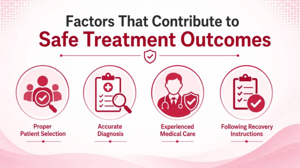 Infographic showing the factors that contribute to safe Rezum treatment outcomes, including proper patient selection, accurate diagnosis, experienced medical care, and following recovery instructions.
