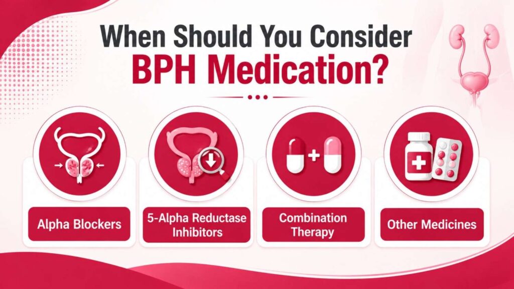 When Should You Consider BPH Medication? infographic showing alpha blockers, 5-alpha reductase inhibitors, combination therapy, and other medicines