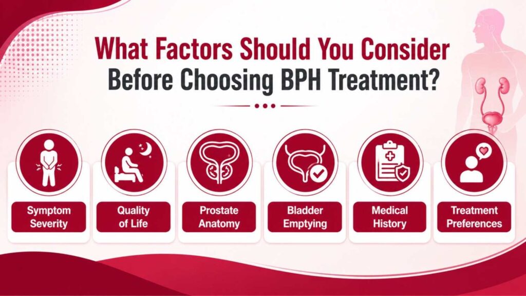 How to Choose the Right BPH Treatment for Your Condition, showing key factors including symptom severity, quality of life, prostate anatomy, bladder emptying, medical history, and treatment preferences