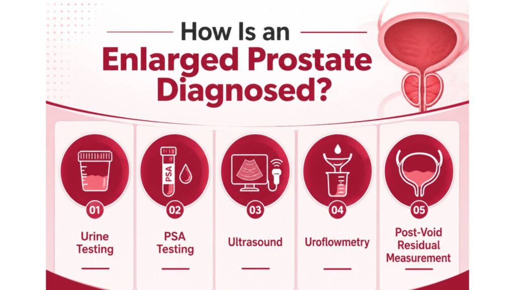 How Is an Enlarged Prostate Diagnosed? urine testing, PSA testing, ultrasound, uroflowmetry and post-void residual measurement