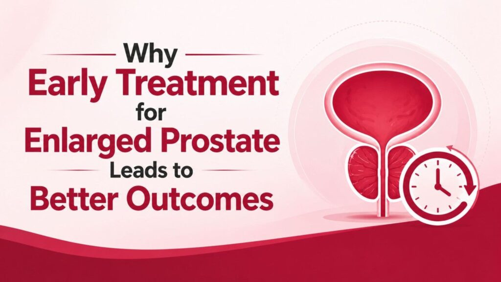 Why Early Treatment for Enlarged Prostate Leads to Better Outcomes, illustrated with a prostate and timely treatment concept