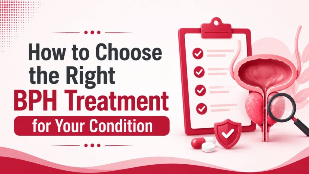 How to Choose the Right BPH Treatment for Your Condition, with a checklist and prostate health illustration