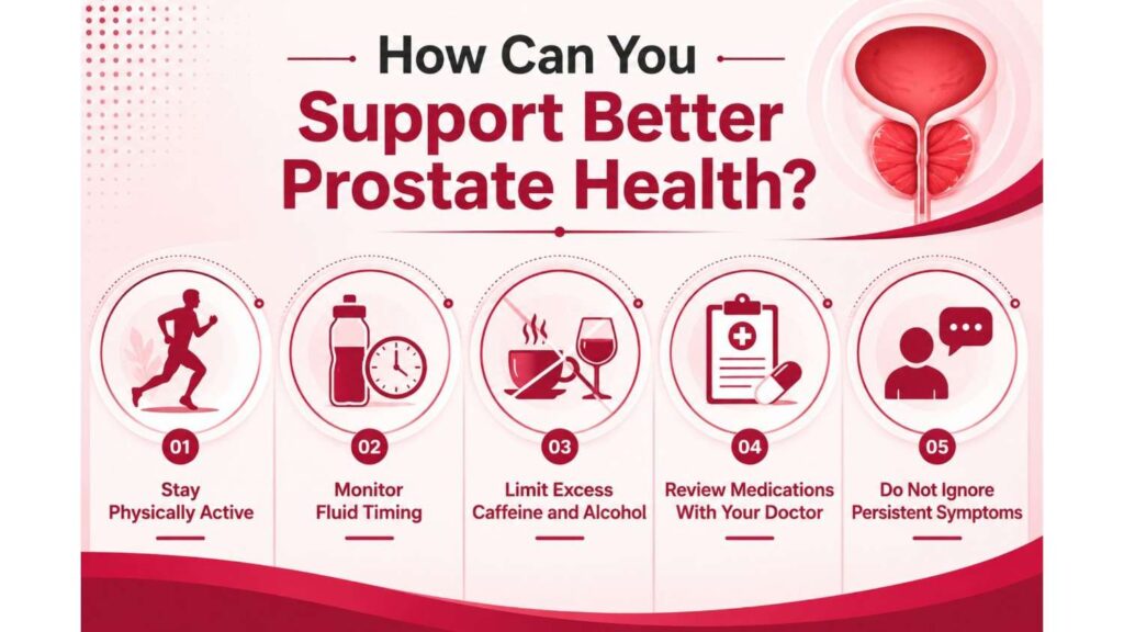 How Can You Support Better Prostate Health? tips for physical activity, fluid timing, limiting caffeine and alcohol, medication review, and persistent symptoms