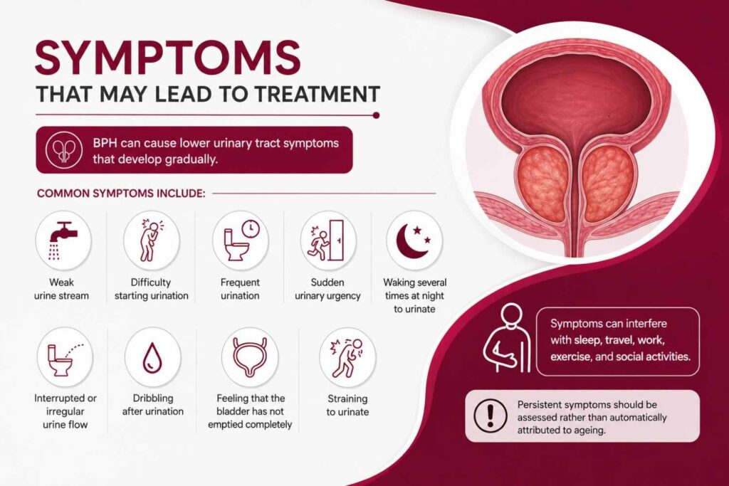Symptoms of BPH that may lead to treatment, including weak urine stream, frequent urination, urgency, and nighttime urination